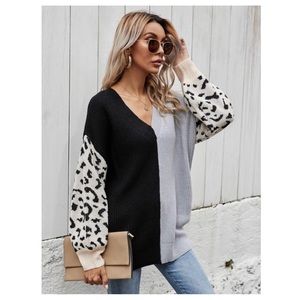 Black, Gray & Cream Colorblock V-Neck Sweater with Leopard Sleeves
